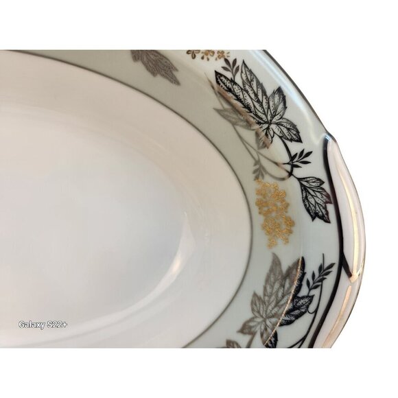 Noritake China Silvine 5487 Large Serving Platter Green Gold Flowers Silver Trim - Picture 4 of 13